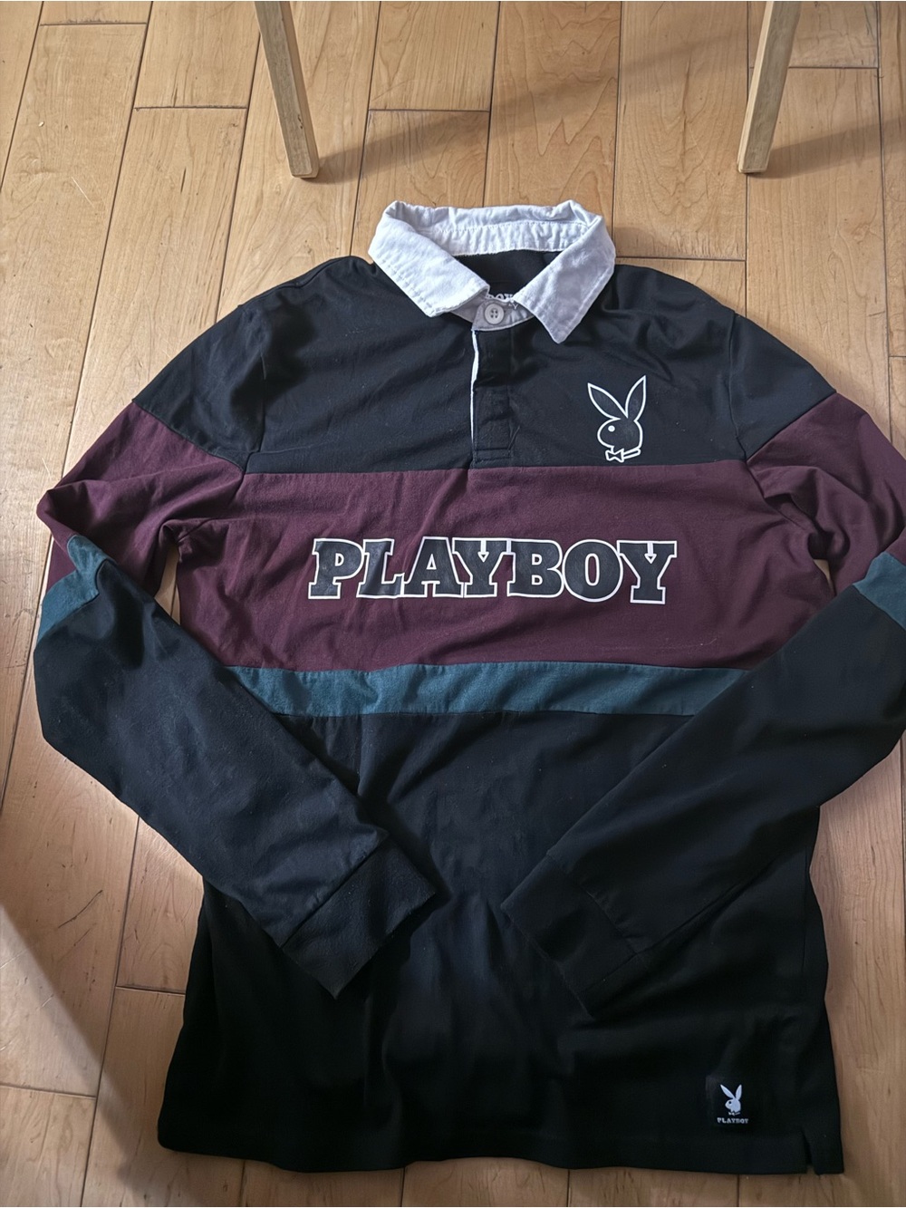 PLAYBOY Black, Burgundy & Teal Long-Sleeve Rugby Shirt
